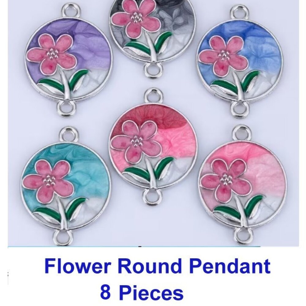 Flower Round Connector Pendants  8 Pieces